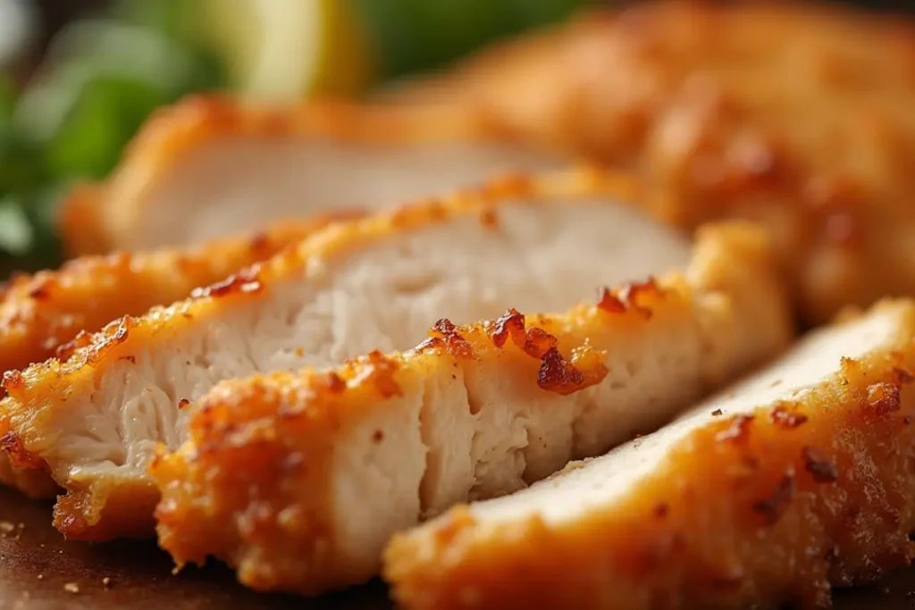 Close-up of crispy, golden-brown thin chicken breast slices cooked in an air fryer, juicy on the inside with a beautifully seasoned crust, served fresh and ready to enjoy.