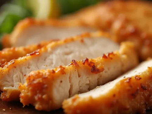 Close-up of crispy, golden-brown thin chicken breast slices cooked in an air fryer, juicy on the inside with a beautifully seasoned crust, served fresh and ready to enjoy.