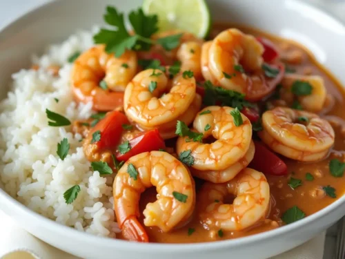 chicken and shrimp in sauce served with rice, lime wedge, and parsley garnish