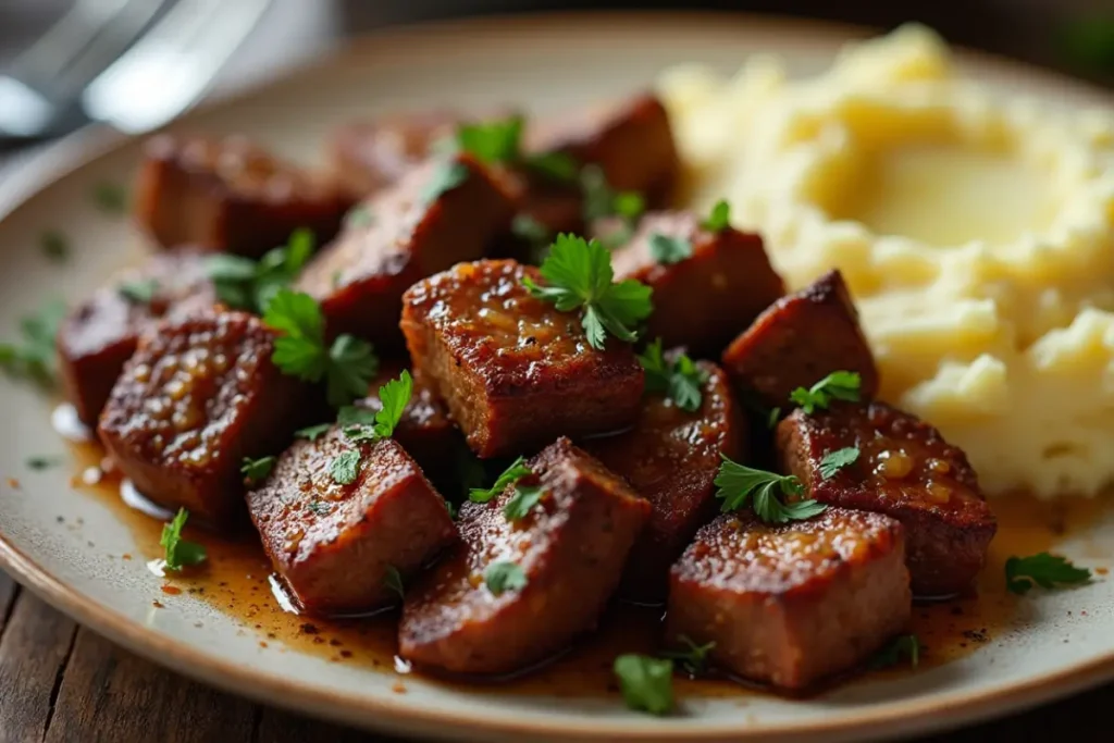 Juicy garlic butter steak bites garnished with fresh parsley, served with creamy mashed potatoes on a rustic plate