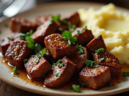 Juicy garlic butter steak bites garnished with fresh parsley, served with creamy mashed potatoes on a rustic plate