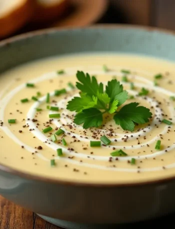 Bowl of creamy vegetarian potato soup garnished with chopped chives, parsley, and black pepper, served with sliced baguette on the side