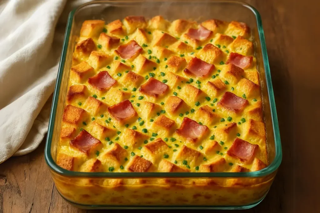 Freshly baked Eggs Benedict Casserole in a glass dish with crispy golden bread cubes and bacon pieces