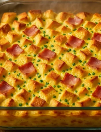 Freshly baked Eggs Benedict Casserole in a glass dish with crispy golden bread cubes and bacon pieces