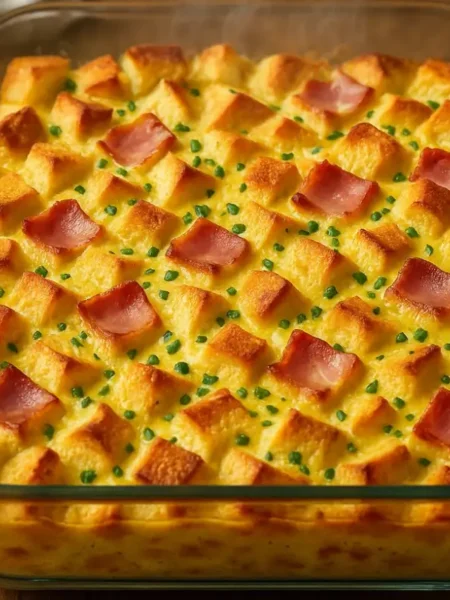 Freshly baked Eggs Benedict Casserole in a glass dish with crispy golden bread cubes and bacon pieces