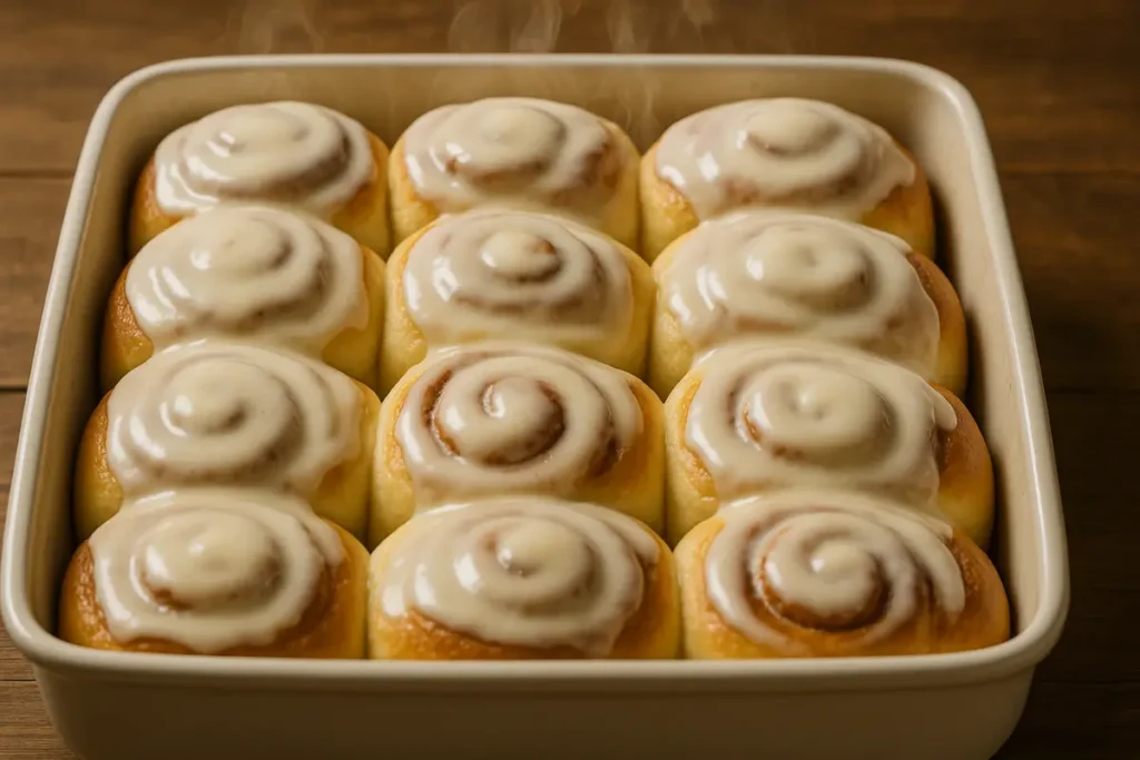 Freshly baked cinnamon rolls topped with melted cream cheese glaze in a baking dish