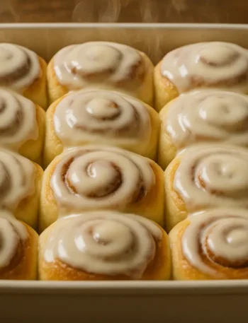 Freshly baked cinnamon rolls topped with melted cream cheese glaze in a baking dish