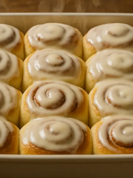Cinnamon Rolls with Heavy Cream: Easy Recipe to Love 1 Freshly baked cinnamon rolls topped with melted cream cheese glaze in a baking dish